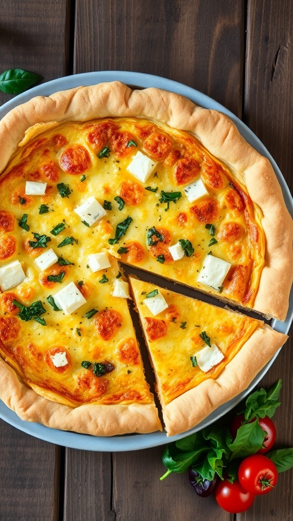 A slice of three cheese quiche with a flaky crust and a creamy filling, garnished with herbs, on a rustic table with a side salad.